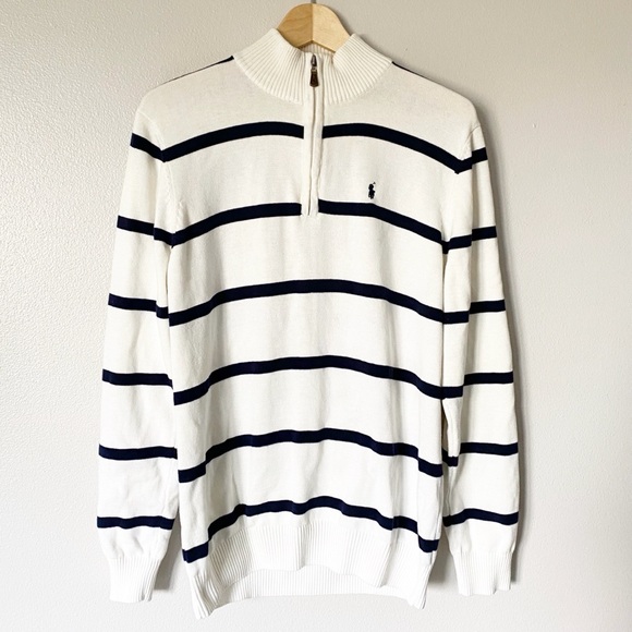 Polo by Ralph Lauren Navy and White Striped Zip-Up Sweater - Picture 1 of 11
